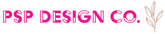 PSP Design Co. logo with pink text and a leaf icon on a white background